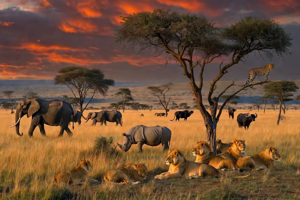 Red dust-bathed elephant herd walking beside the Galana River in Tsavo East National Park