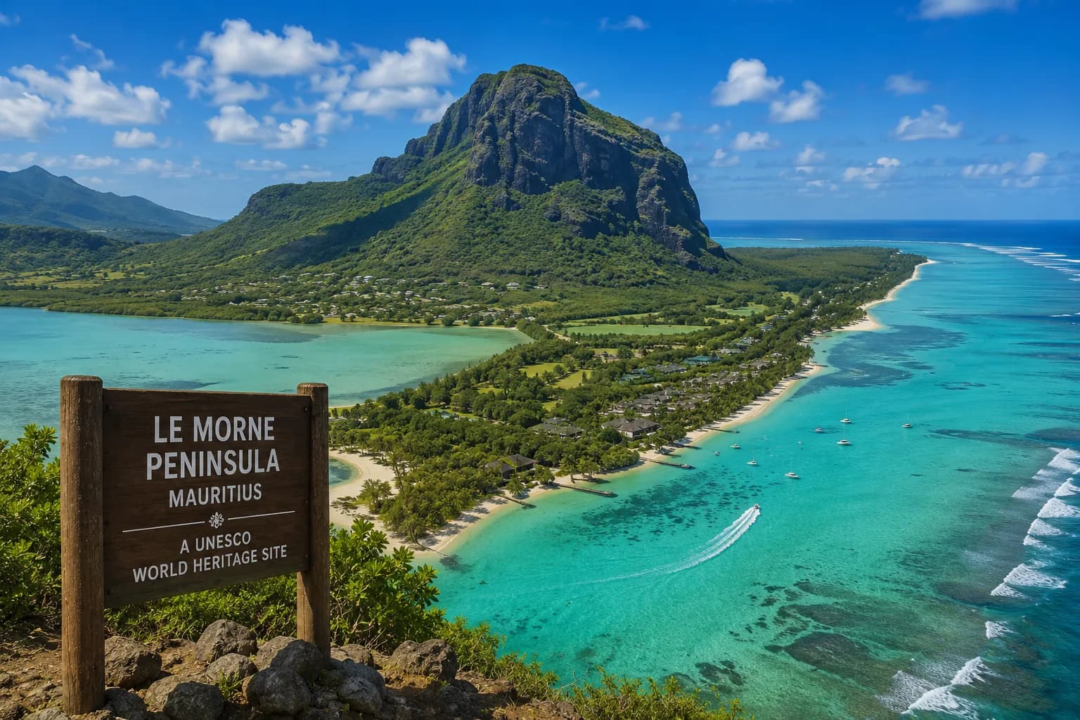 Le Morne Brabant mountain and turquoise lagoon, Mauritius