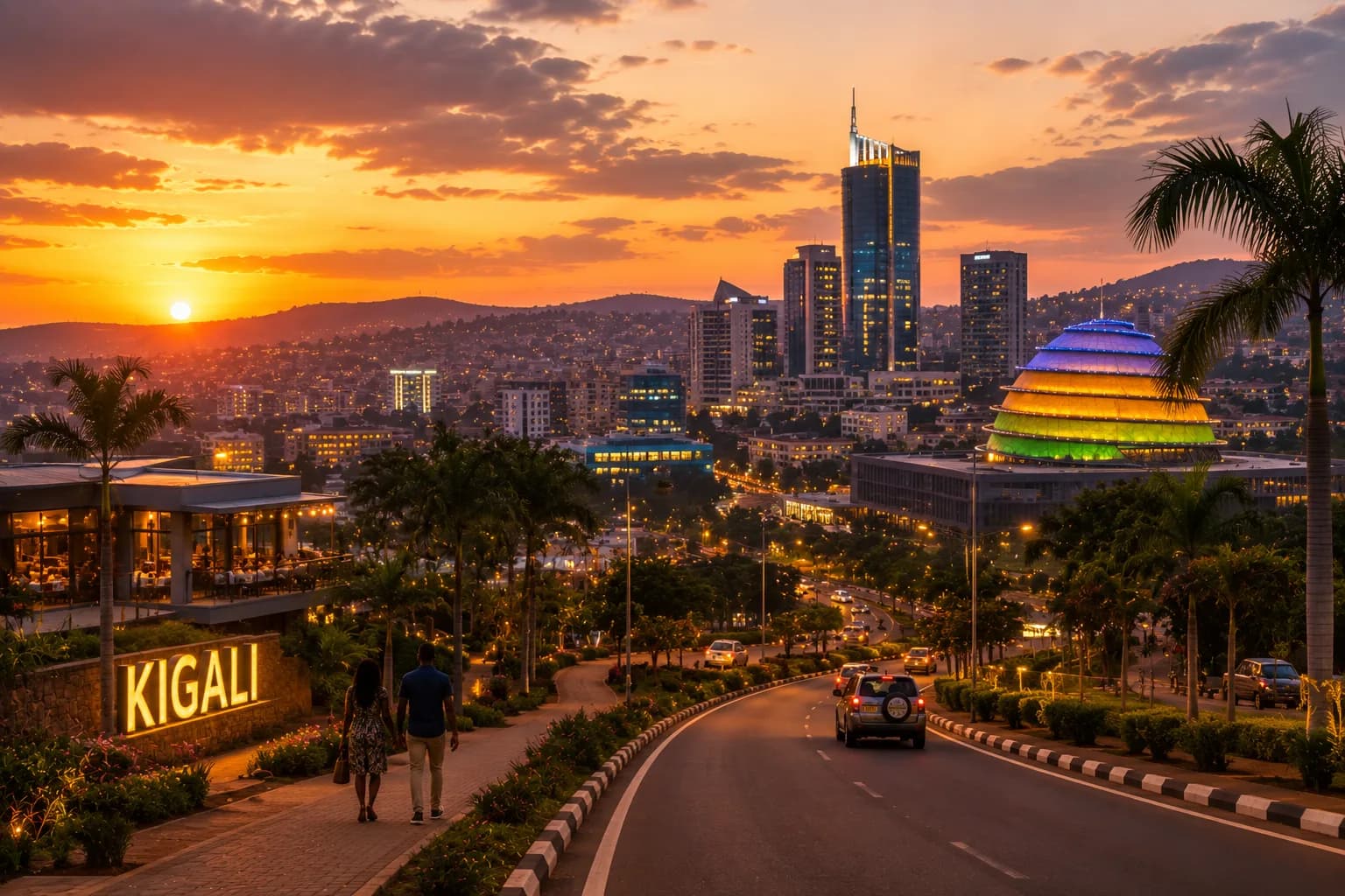 Kigali's hillside skyline at dusk, Rwanda