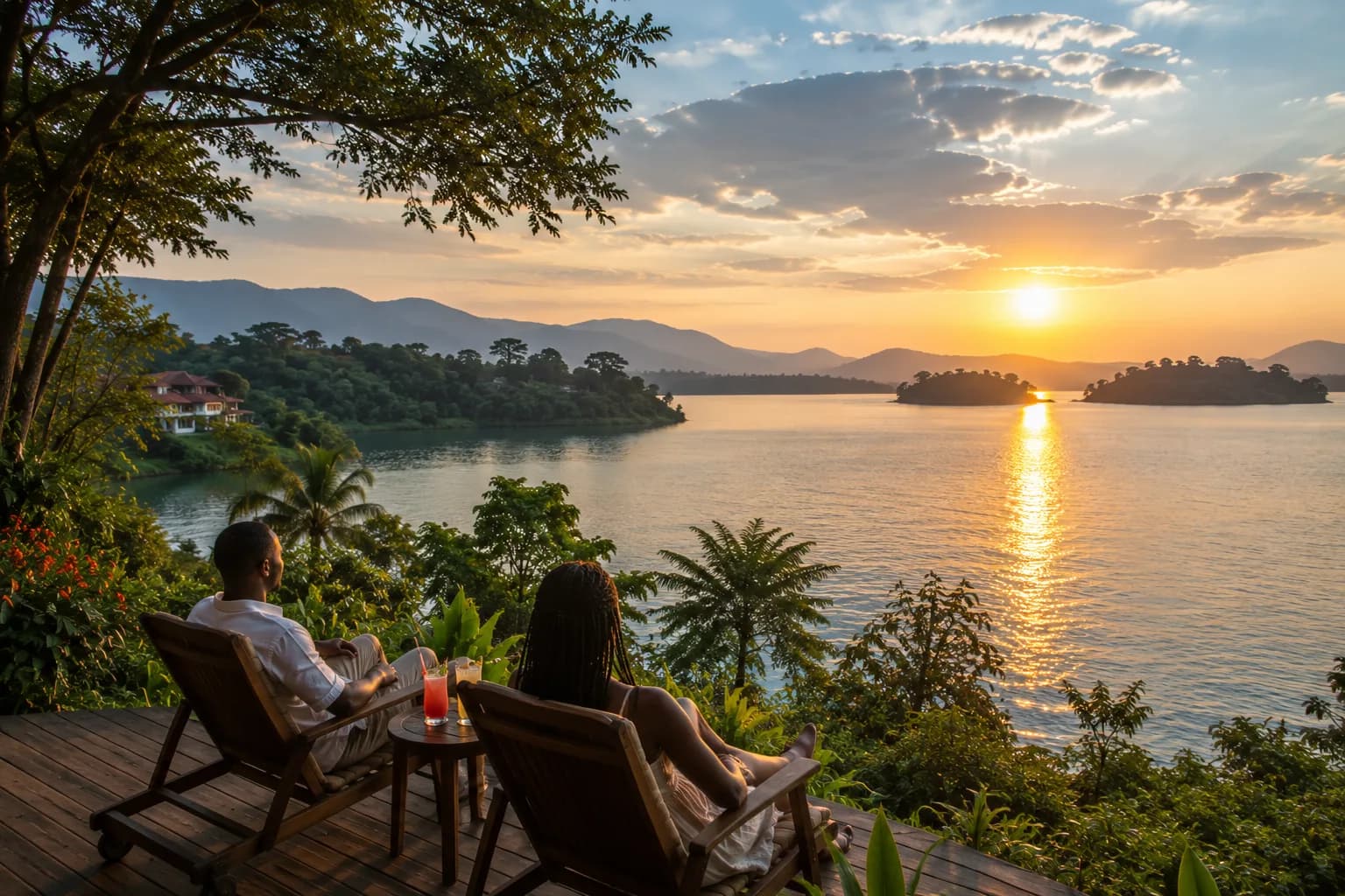 Sunset over Lake Kivu with fishing boats near the shore, Rwanda