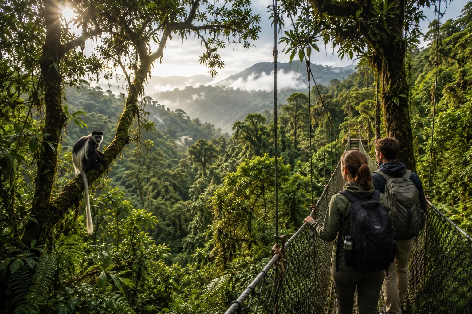 Canopy walkway suspended above the ancient rainforest of Nyungwe National Park, Rwanda