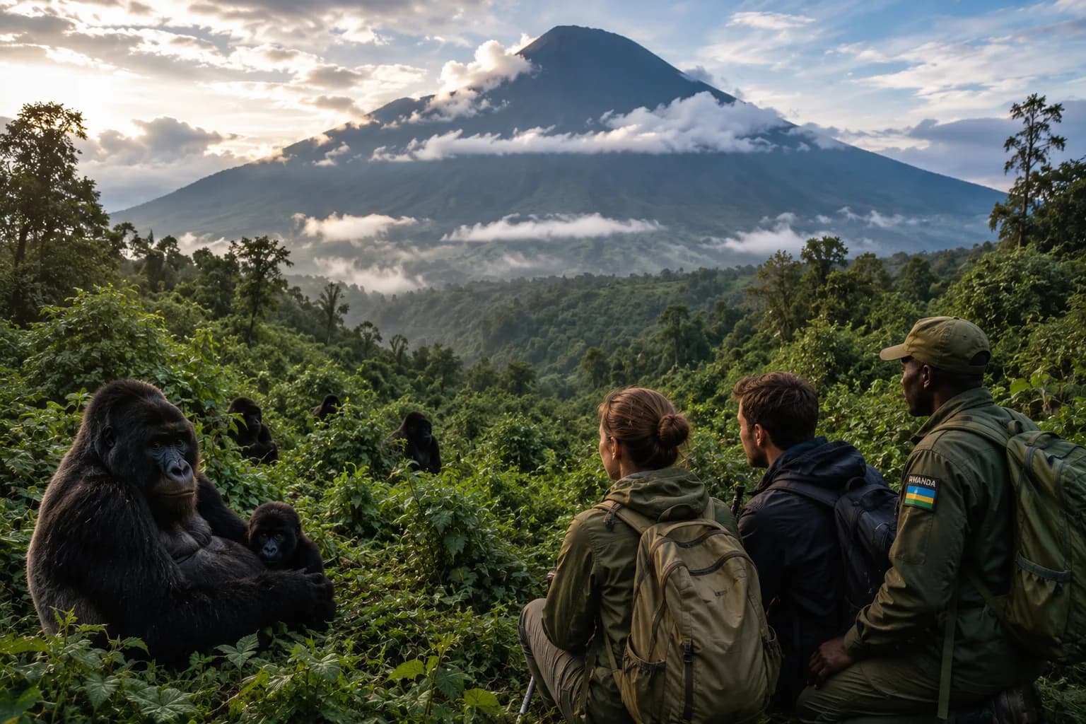 Mountain gorilla family among bamboo forest in Volcanoes National Park, Rwanda