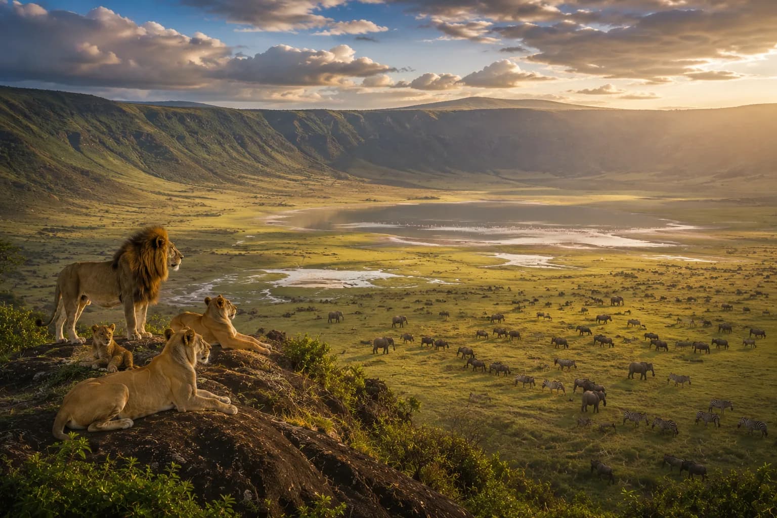 Wildebeest and zebra on the floor of the Ngorongoro Crater, Tanzania