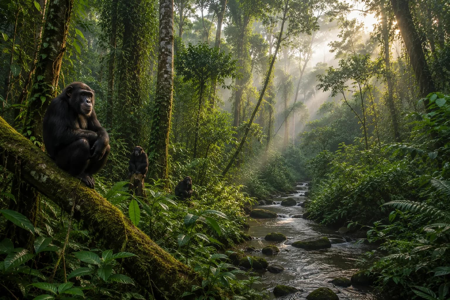Chimpanzee in the dense canopy of Kibale National Park, Uganda