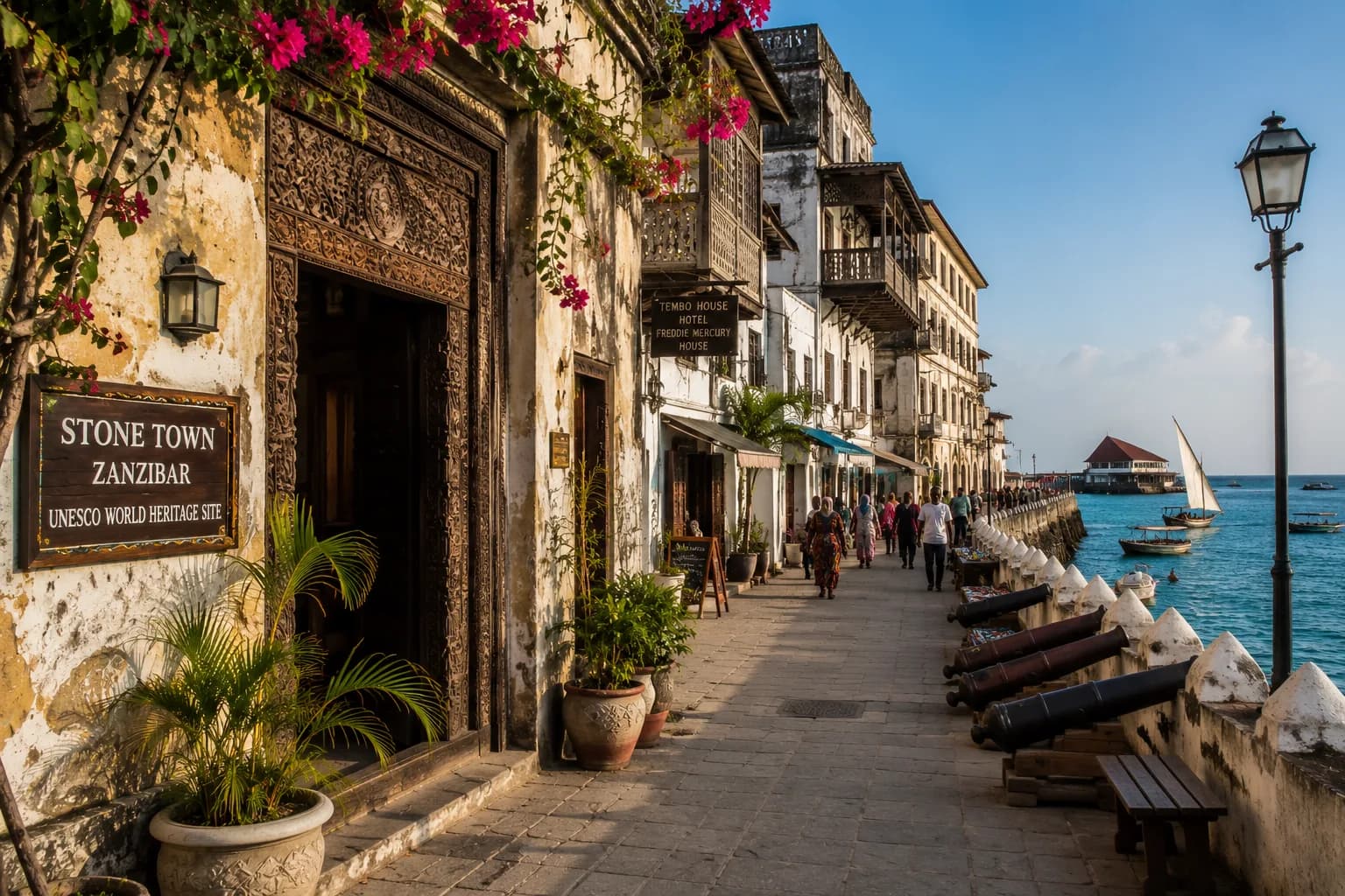 Narrow alleys and carved wooden doors of Stone Town, Zanzibar