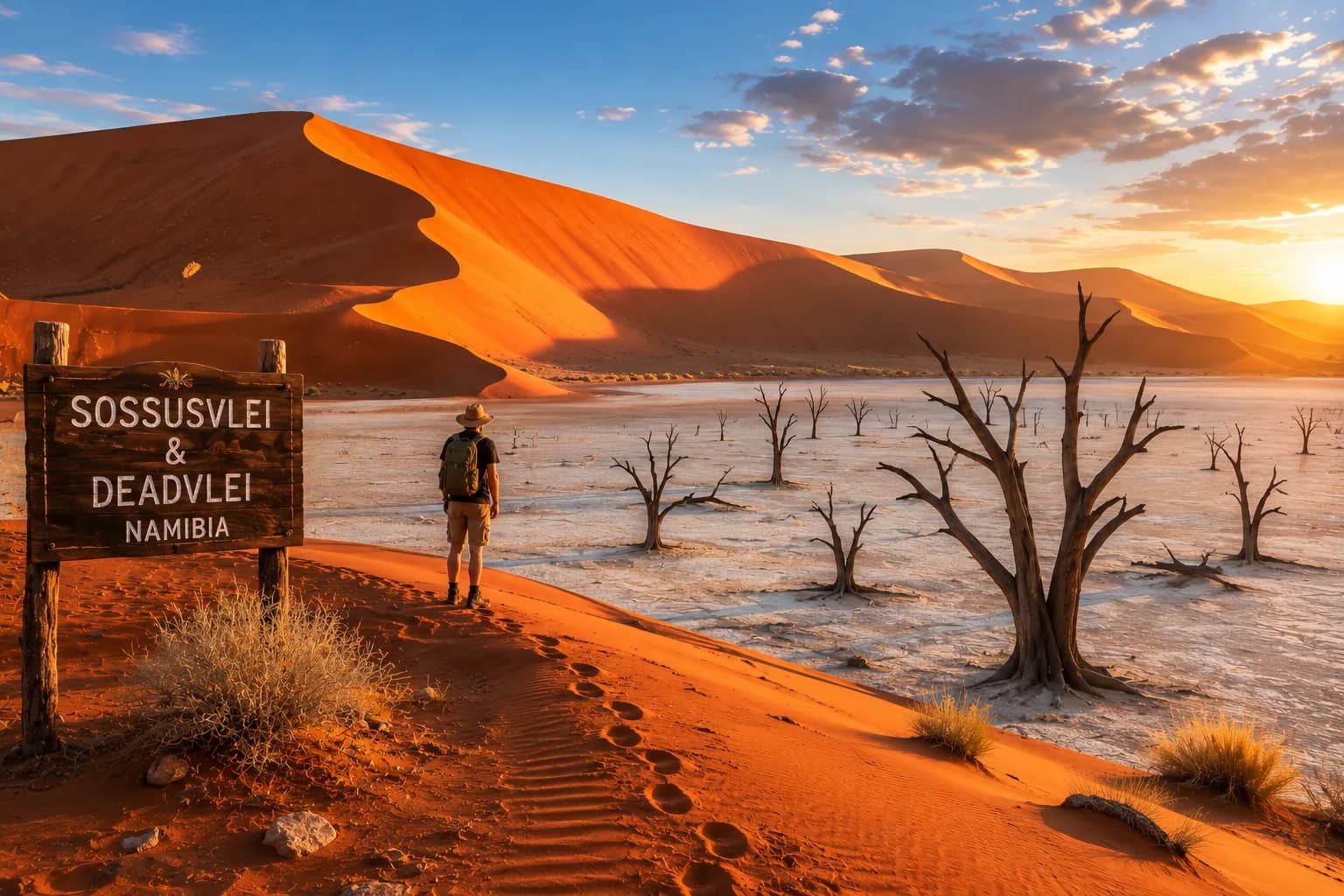 Deadvlei clay pan with dead camel thorn trees and giant orange dunes