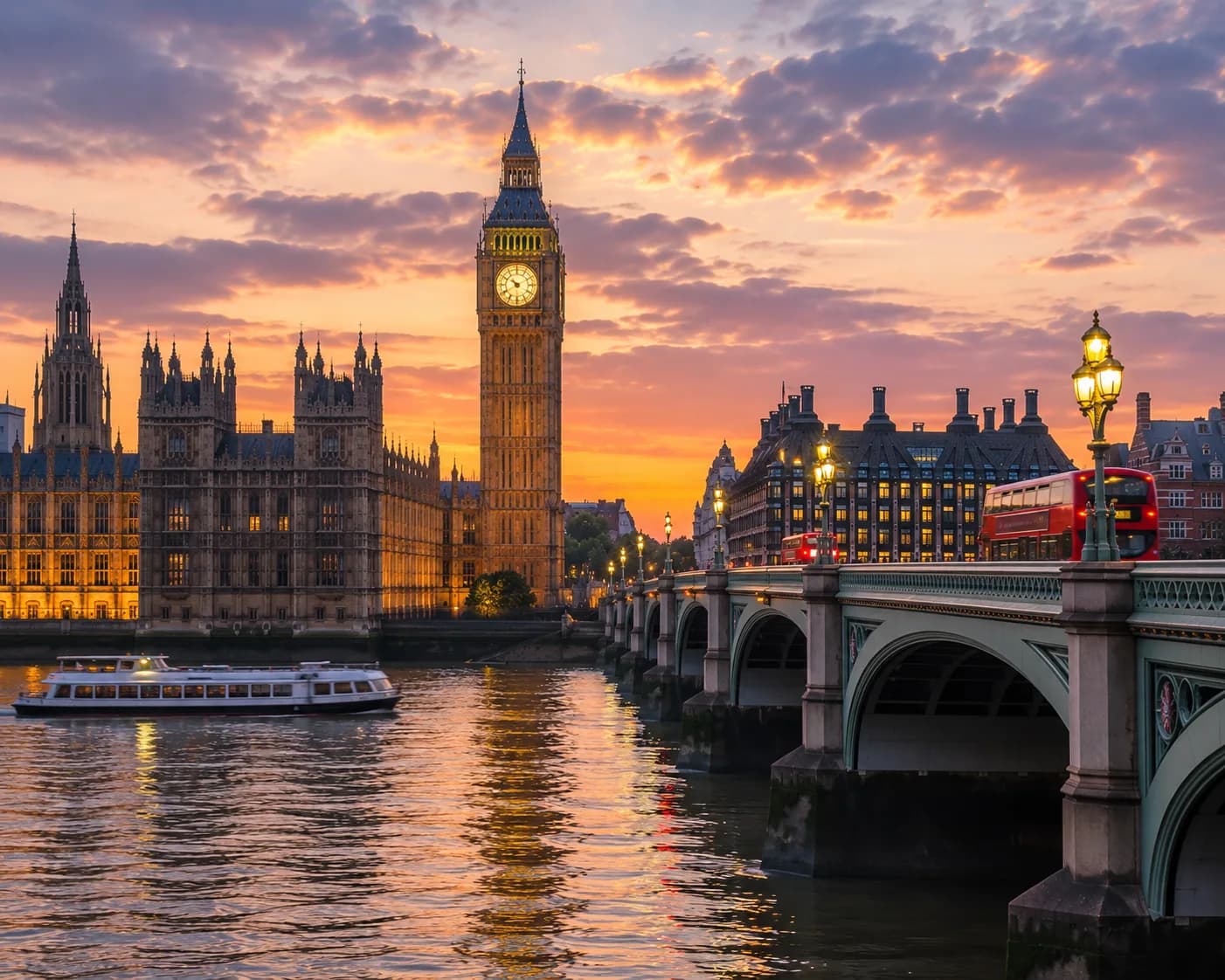 London skyline with Big Ben and the Houses of Parliament at sunset